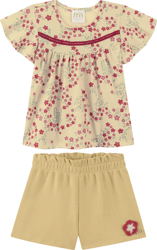 Foto oficial em alta — Conjunto Blusa em Cotton Penteado Minifloral e Short em Malha Wafer — BG0049 — frente