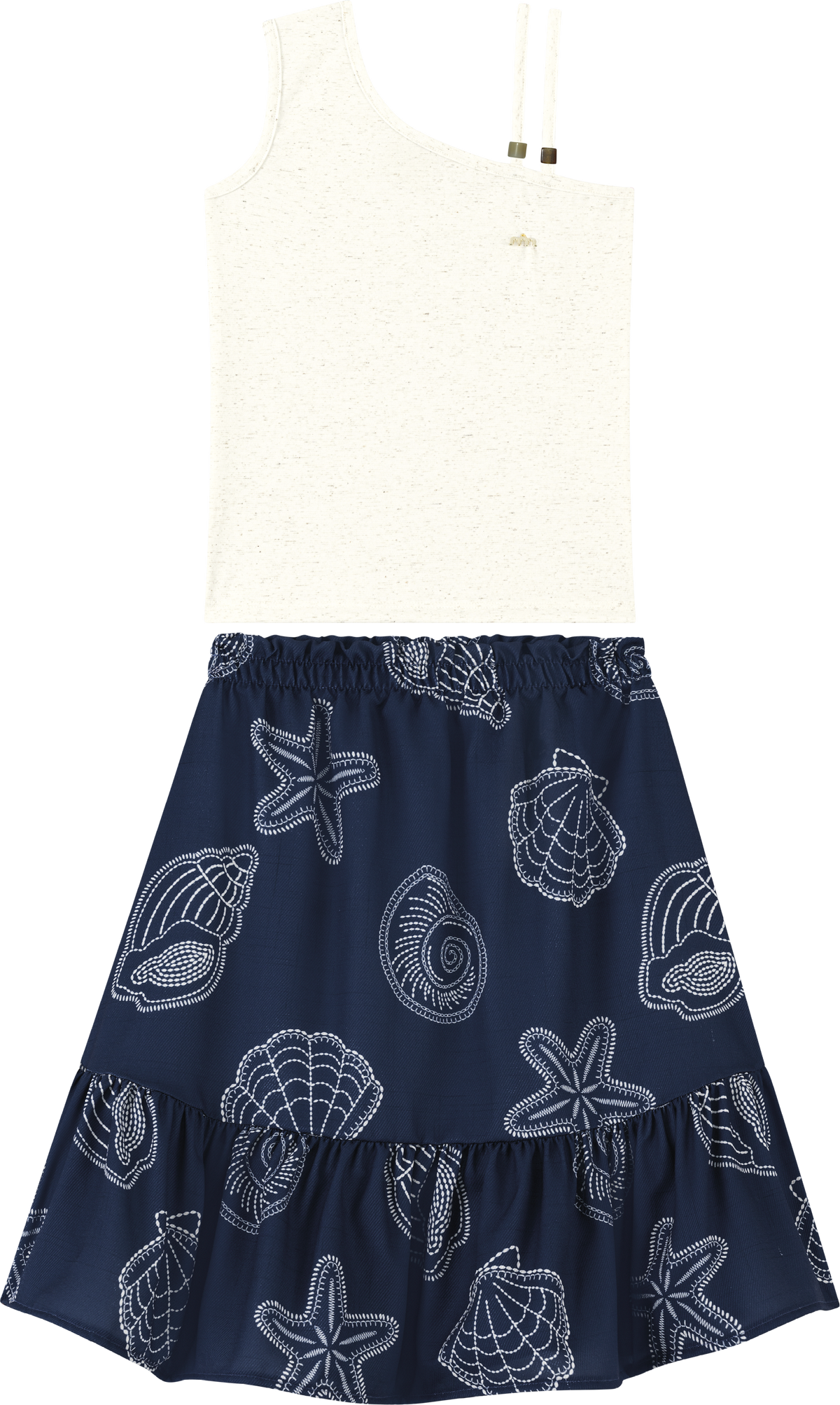 Foto oficial em alta — Conjuto Blusa em Cotton Linho e Saia Viscolinho Light Delicate Shells — BG0026 — frente
