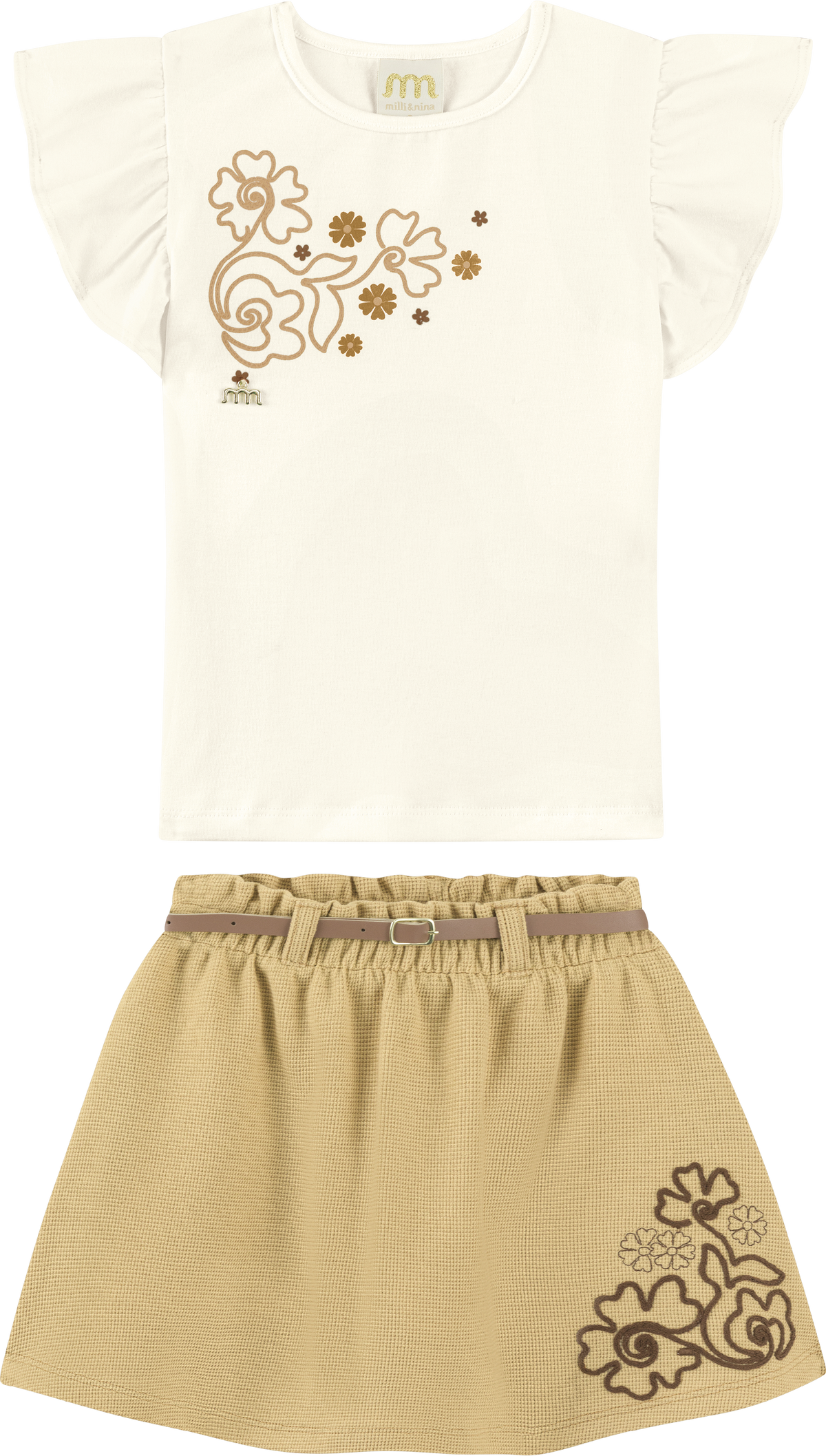 Foto oficial em alta — Conjunto Blusa em Cotton Penteado Saia em Malha Wafer — BG0026 — frente