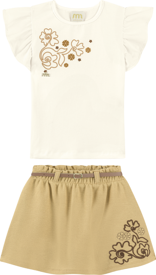 Foto oficial em alta — Conjunto Blusa em Cotton Penteado Saia em Malha Wafer — BG0026 — frente