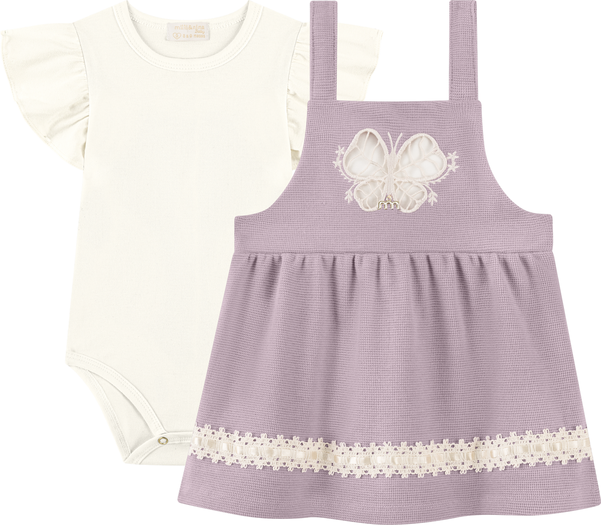 Foto oficial em alta — Conjunto de Body em Cotton Penteado e Salopete em Malha Wafer — RX0037 — frente