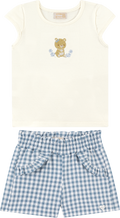 Foto oficial em alta — Conjunto Blusa em Cotton Penteado Shorts em Tecido Xadrez Vichy — BG0026 — frente