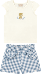 Foto oficial em alta — Conjunto Blusa em Cotton Penteado Shorts em Tecido Xadrez Vichy — BG0026 — frente