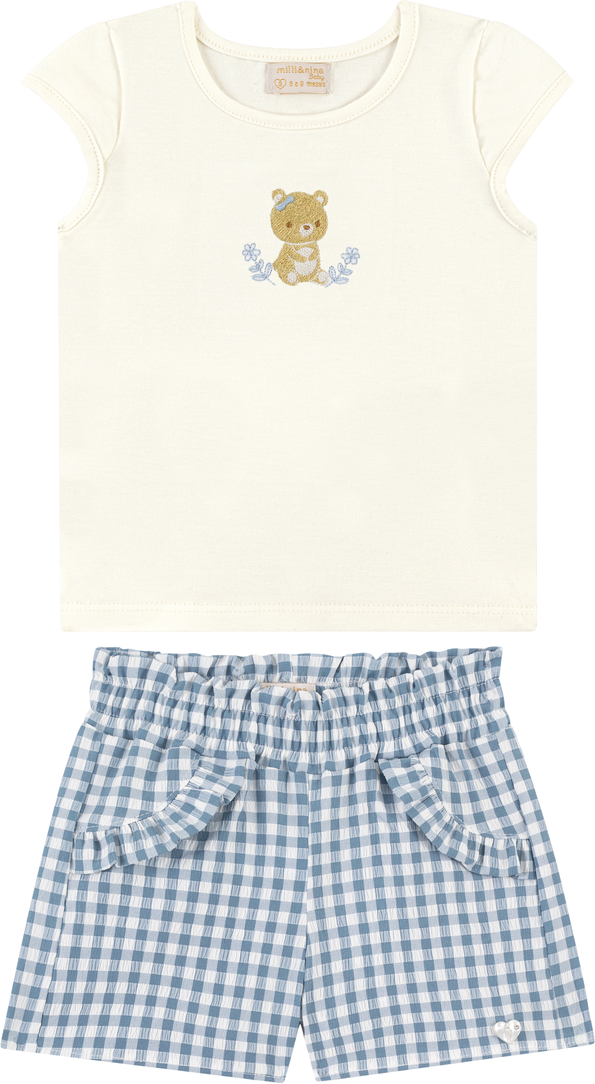 Foto oficial em alta — Conjunto Blusa em Cotton Penteado Shorts em Tecido Xadrez Vichy — BG0026 — frente